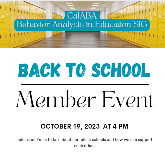 BAE SIG Back to School Member Event flyer for October 19, 2023 at 4 PM.