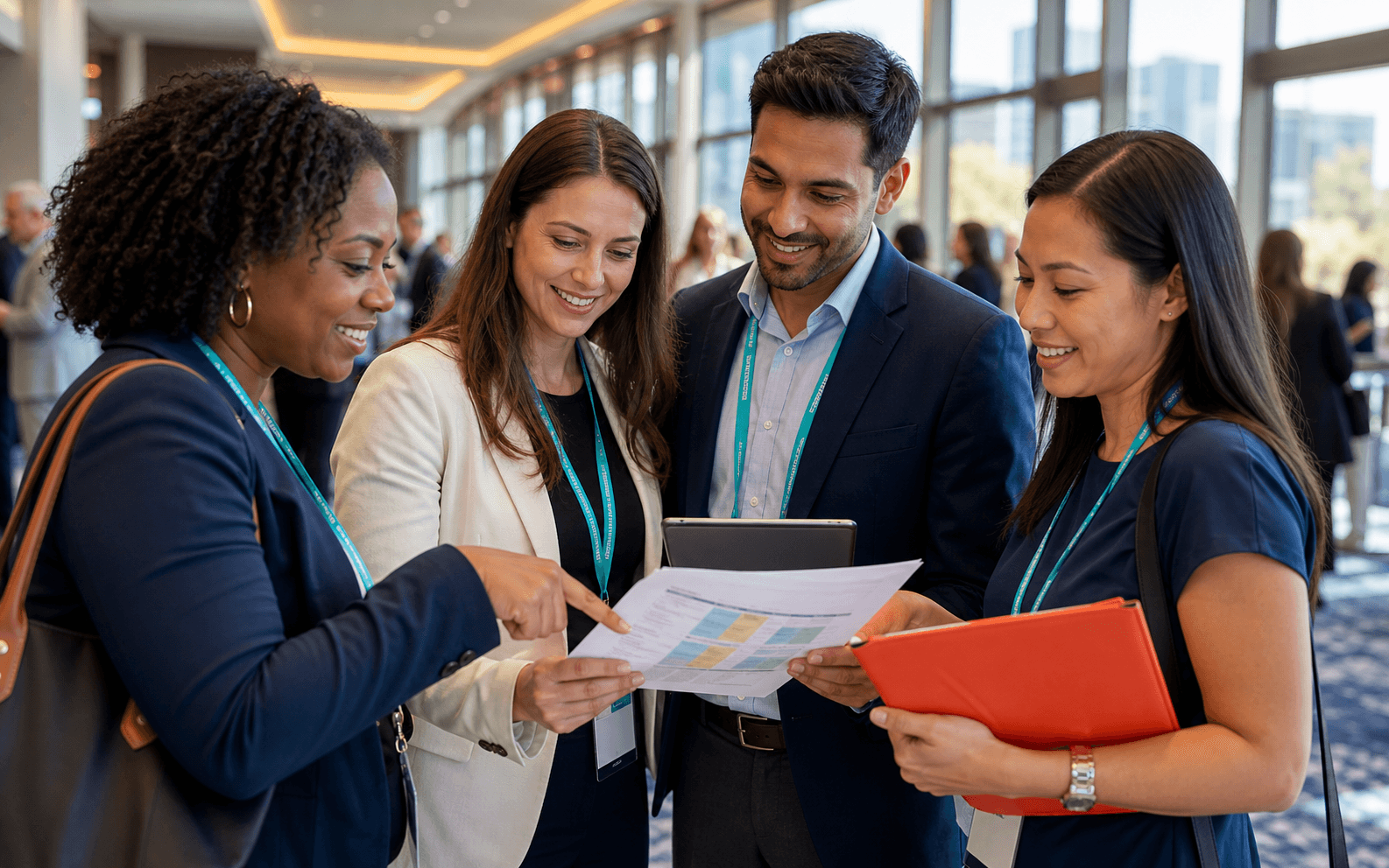 Professionals reviewing a conference agenda together in a bright convention hallway.
