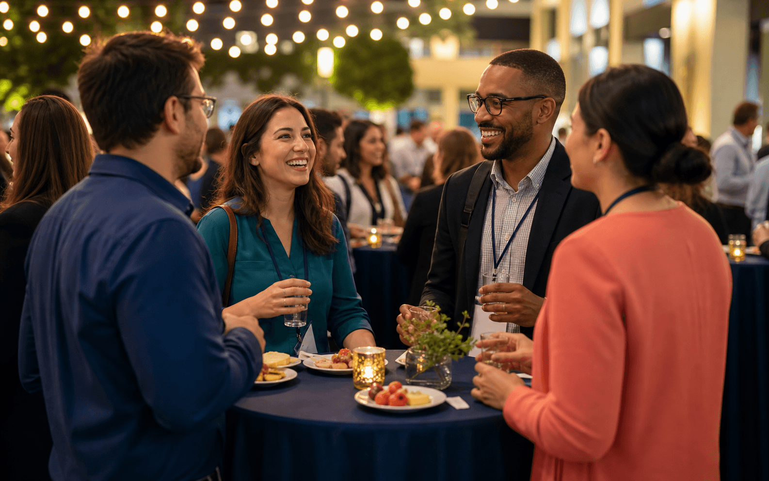 Education professionals networking at a warm conference reception.