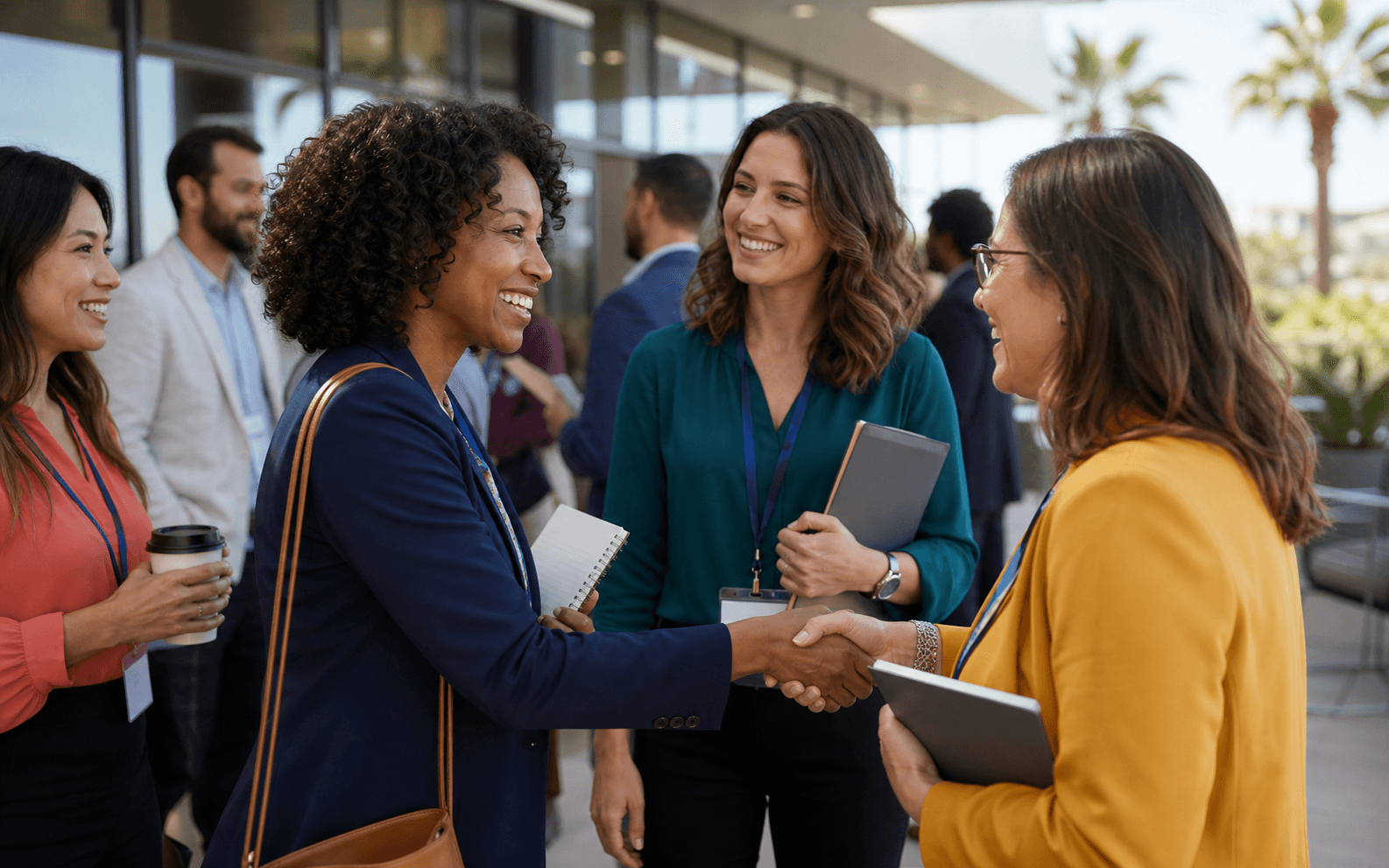 Education professionals welcoming a colleague at a Southern California conference meetup.